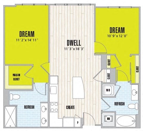 Floor plan for 2 beds, 2 baths, 1083 sqft